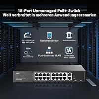 16 Port PoE Switch, 10/100Mbps PoE+ Ports, 2 Gigabit Ethernet Uplink, IEEE802.3af/at, Max 200W, VLAN & PoE Extend 250m, RackMount Fanless Unmanaged Ethernet Switch – Ansicht 2