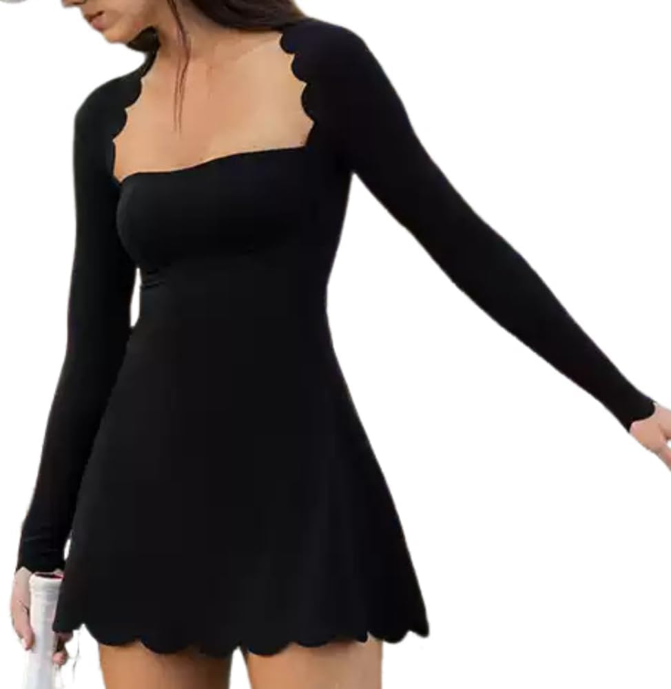 Womens Tennis Dress Solid Color Lace Collar Long Sleeve Mini Exercise High-Waisted A-line Athletic Dresses