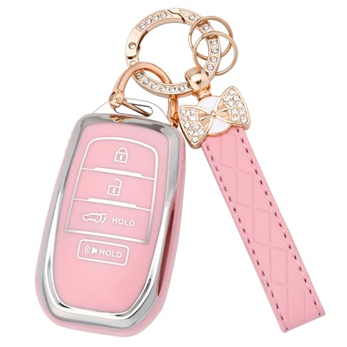 JAMCARI Key Fob Cover for Toyota - 4 Buttons Soft TPU Protection Case with Keychain for Crown Corolla Cross Grand Highlander Tundra Prius Venza Sequoia Land Cruiser Smart Remote Key Shells （Pink）