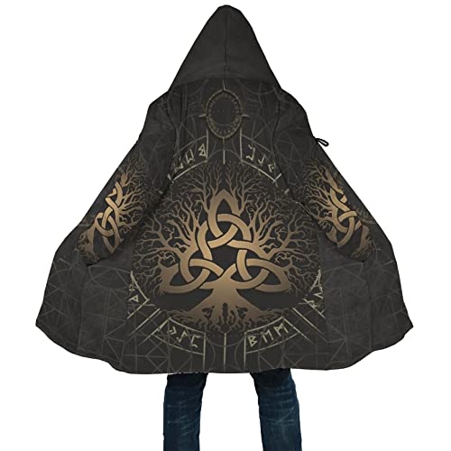 Viking Tattoo Men's Winter Warm Parka Yggdrasil 3d print Lightweight fashion casual lambswool plus size hooded jacket (Color : Tree of Life Y02, Size : Large)