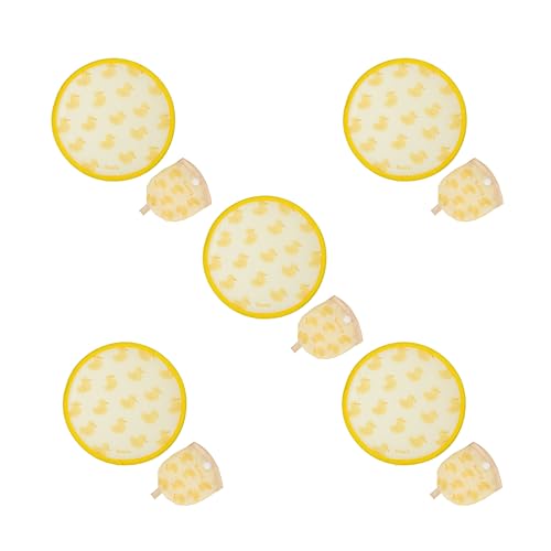 Fisura – Abanico redondo plegable “Patos”. Ventilador de mano plegable original. Frisbee amarillo con estampado de patos. 5 unidades. Abanico portátil para fiestas. 20 cm.