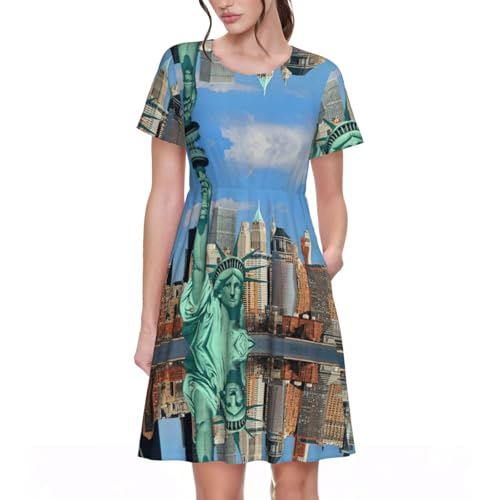 Robe trapèze avec poches motif New York col rond vêtement d'été fluide femme