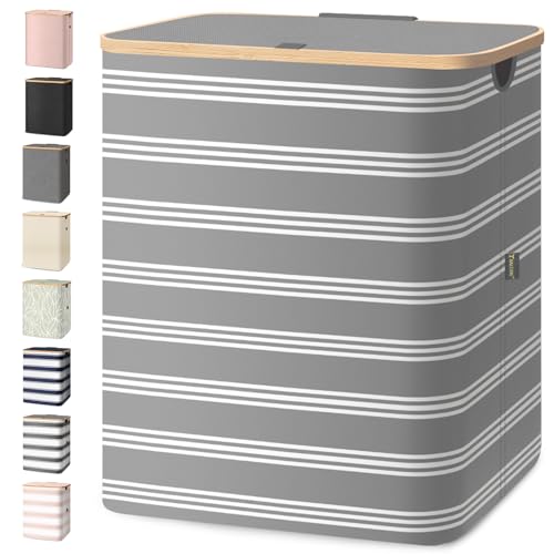 BALEINE Laundry Hamper with Lid, Tall Laundry Baskets with Bamboo Pull Handles, Large Laundry Bin with Internal Support (36 Gal/140L, Grey Pinstripe) 140 liters Grey Pinstripe