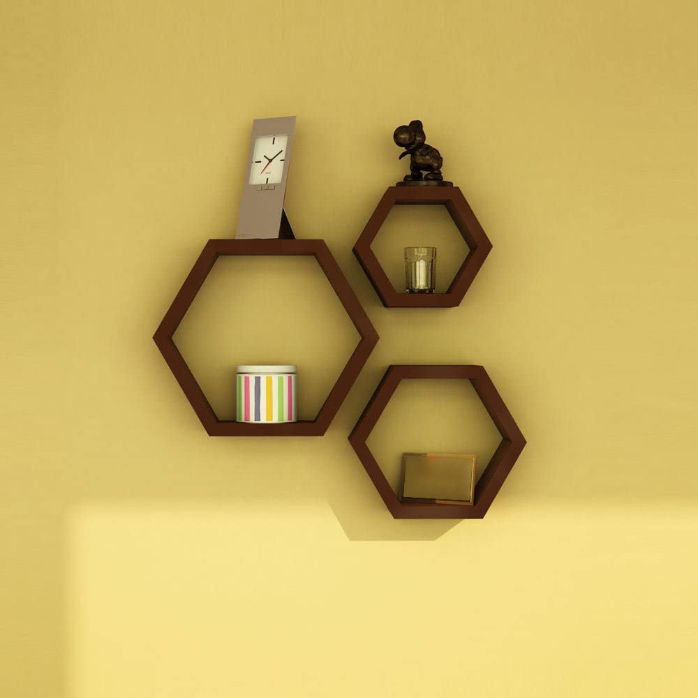 Dime Store Hexagon Wall Shelves Set of Three Wall Mount Wall Shelf for Living Room (Set of 3, Brown)-image-9