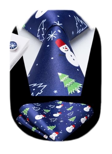 Image of HISDERN Christmas Ties for Men Holiday Tie and Pocket Square Cufflinks Festival Party Xmas Funny Silk Woven Necktie