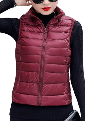 OMZIN Donna Gilet Puffer Senza Maniche Stand Collar Gilet Leggero Trapuntato A Bolla Vino Rosso L