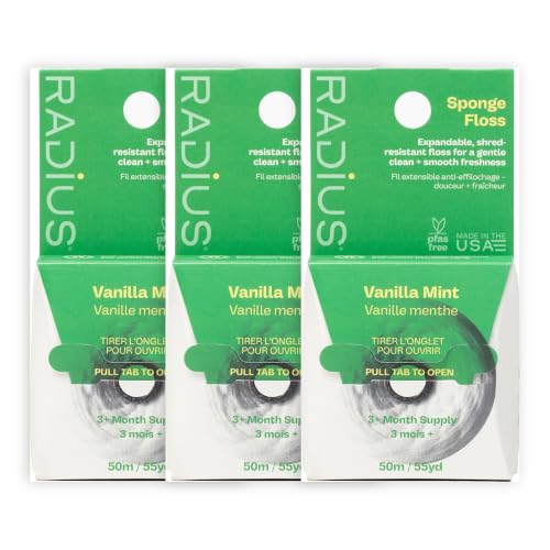 RADIUS Vegan Sponge Floss, Soft Expanding Dental Floss for Sensitive Gums and Tight Teeth, PFAS Free, Vegan, Plastic Free Packaging, 50m / 55 yd, Vanilla Mint, Pack of 3