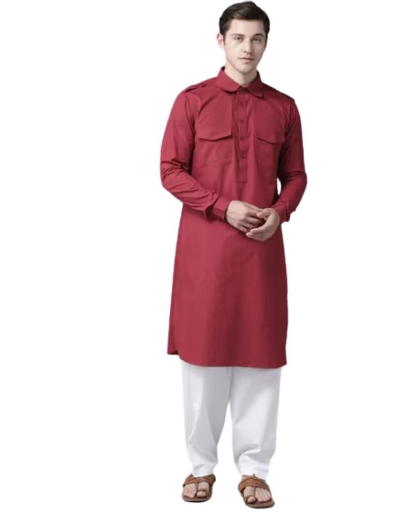 See Designs Men's Solid Cotton Curved Hemline With Shirt Collar Maroon Full Sleeve Pathani Kurta With Salwar - Sdkt604Xs