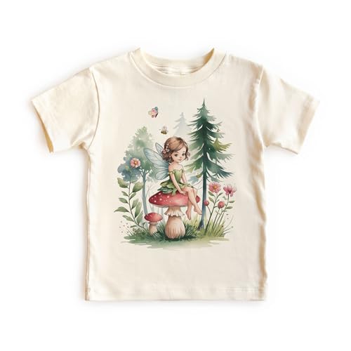 Girls Cute Fairy Shirt - Cute Fairy In Woodland Mushroom Forest Outfit - Natural Toddler Youth Tee