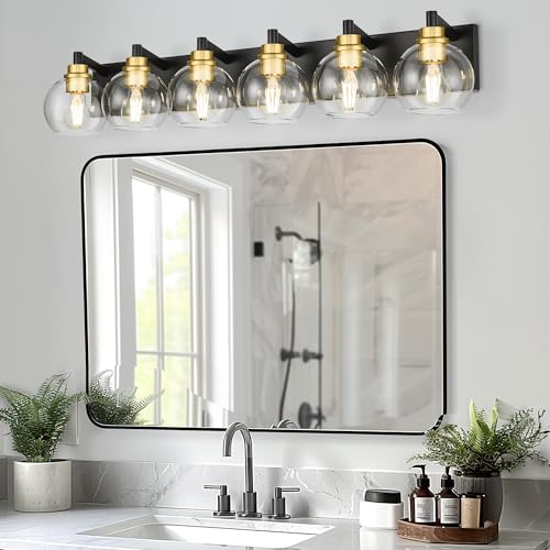Image of 6-Light Black and Gold Bathroom Vanity Light Over Mirror, VL195-KG-6 | 38 Inch Modern Wall Sconces, Globe Clear Glass Shade, Bathroom Light Fixtures