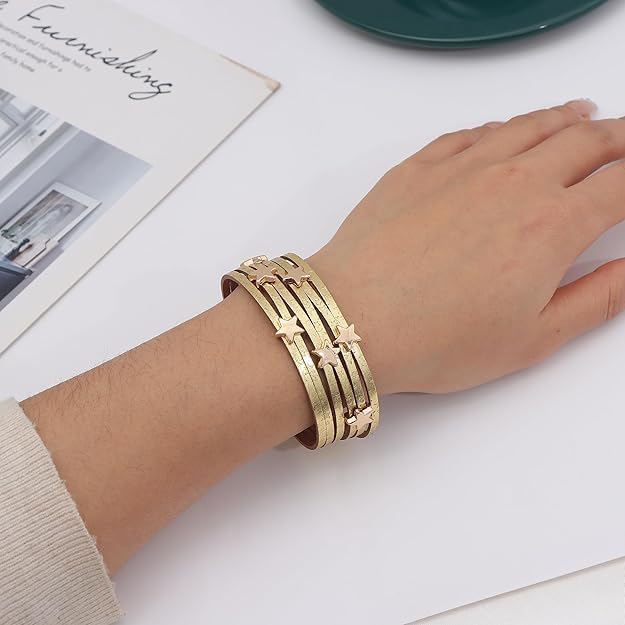 Women's PU Leather Multi-layer Buckle Wide Wristband Bracelet Female Leather Bracelet Star Accessories Bracelet - Image 6
