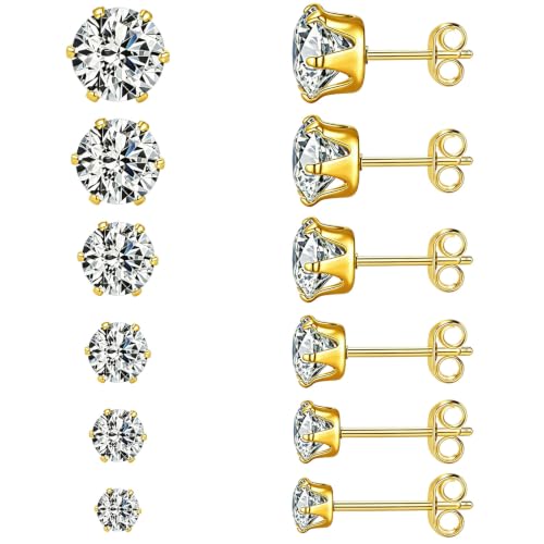 Image of Titanium Screw Stud Earrings Set, Hypoallergenic Diamond Stud Earrings Set for Women Men, Stainless Steel Cubic Zirconia Piercing Jewelry, 12 Pcs Size:2/3/4/5/6/7/8mm