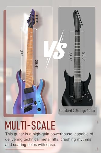 Image of AKLOT Multi-Scale 7-String Electric Guitar: Roasted Maple Neck with String-Through Bridge Electric Guitars Kit with Okoume Body, HH Pickup, Gig Bag, Strap, String Mute, Distortion Pedal, XRN-7 AD