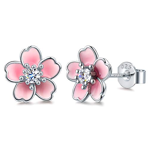 925 Sterling Silver Stud Earrings,Cute Flower Ear Studs for Women,White Black Rose Gold Plated, Hypoallergenic Jewelry Gift