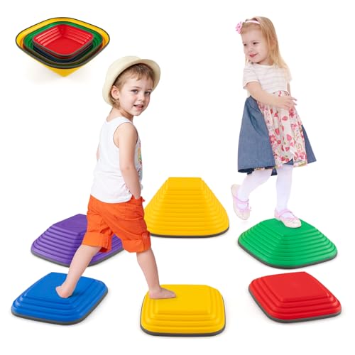 COSTWAY Kids Stepping Stones, 6/11-Piece Children Obstacle Course Stackable Balance Blocks with Non-Slip Edge, Square Sensory Balance Stones for Toddlers (Multicolor, 6-Piece)