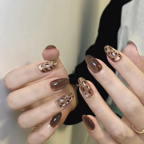Image of Secret Lives acrylic cat eye brown animal print nails extension Press On Nails 24 pieces combo set with kit beautiful fake false nails