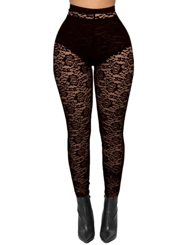 Women's Lace Floral Tights Leggings - See Through High Waisted Legging Sheer Pantyhose Ankle Length Black XL