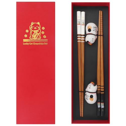 GOTDYBST Set di bacchette per sushi gatto: 2 paia di chopsticks con due cuscinetti in porcellana, bacchette in legno ecologiche,squisita confezione regalo, giapponese cinese coreano taiwanese