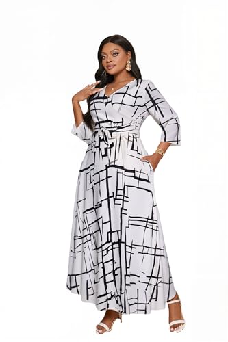 Plus Size Dress Printed for Women V-Neck 3/4 Sleeve with Belt