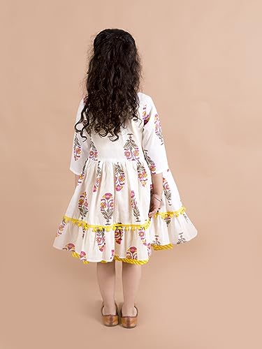 Image of Pspeaches Girls Yellow Striped Cotton Midi Dress With Printed Shrug (Yellow)