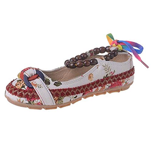 Women's Beading Round Toe Embroidered Shoes Lace Up Colorful Casual Flats Shoes