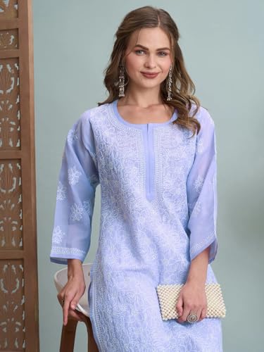 Image of Ada Women's Cotton Straight Fit Straight Hand Embroidered Lucknowi Chikankari Kurta Kurti A411165