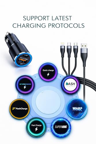 Image of 45W Fast Car Charger with 3-in-1 Cable | PD & QC Super Fast Charging | Type-C + USB-A Output | Supports Dash, Warp, VOOC |Compatible with Cars for iPhone & Android Smartphone (Black)