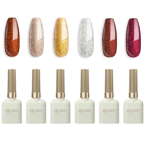 Esmalte de uñas semipermanente, 6 Color Reflectante Parpadeo Pintauñas Gel, Pintauñas Semipermanentes de Gel UV LED, Soak Off UV/LED Uñas Diy Manicura Nail Art Set