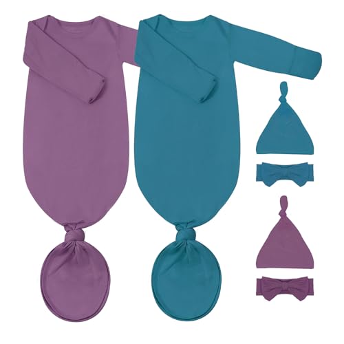 Image of COOZYNANA Newborn Baby Knotted Gown, Soft Breathable Baby Sleep Gown with Hat & Headband for Boys Girls