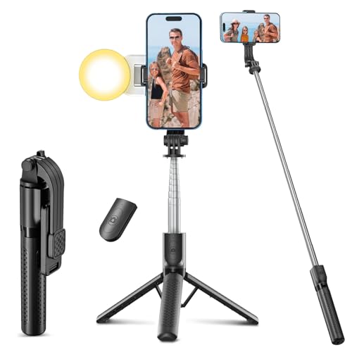 POWOMAO Selfie Stick Tripod with Fill Light,125cm Portable Telescopic Selfie Stick with Detachable Remote Control and Stable Tripod for iPhone/Samsung/Huawei/Smartphones