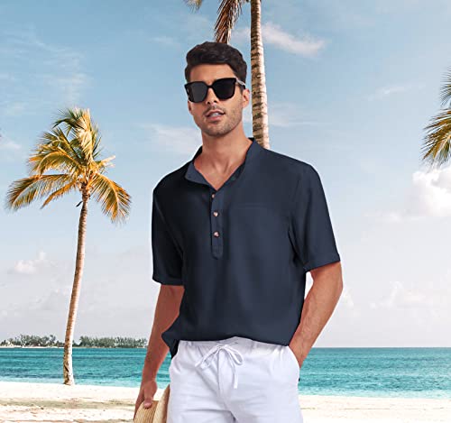 Geek Lighting Mens Black Henley Linen Shirt Casual Button Up Beach Shirts Short Sleeve Casual Work Business T Shirts L #TOP3