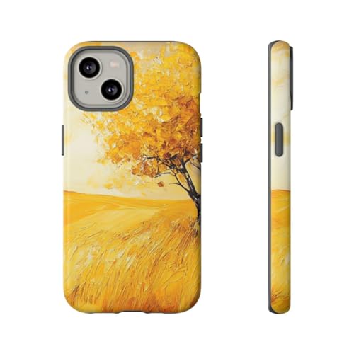 Coque iPhone 14 rigide mate finition premium paysage arbre automne doré jaune