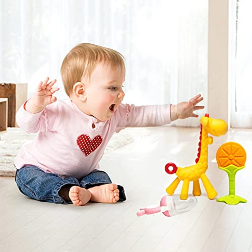 Image of Infant Teething Set For Baby, 3 And 2 Pack Combo Set, Silicon Baby Teethers Set, Bpa Free (Multicolors) (1 Feeder + 1 Giraffe Teether + 1 Silicone Fruit Teether)