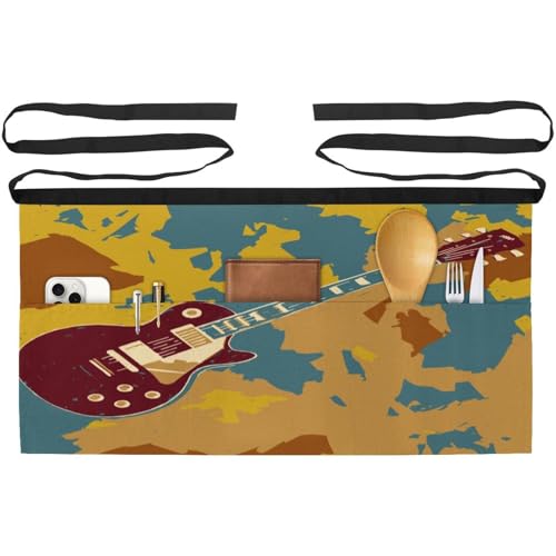 Lot de 3 demi-tabliers courts à poches pour cuisine et bistrot motif guitare grunge