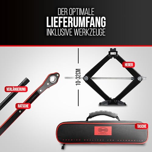 HEYNER® Scherenwagenheber 0,8t Wagenheber inkl. Tasche I 17mm Ratsche I Kurbel und Gummiauflage I...