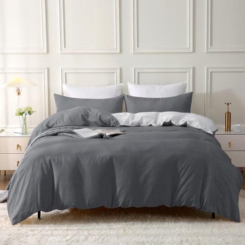 SOULFUL Housse de Couette 220x240 Coton, Gris Foncé Ensembles de Housse de Couette avec Fermeture Éclair, 100% Coton Lavé, Texture Lin, Parure de Lit...