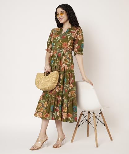 Image of PIDAVLIYA'S Women's Cotton Floral Printed Midi Dress | V-Neck Fit & Flare Dress with Puff Sleeves | Casual Summer Wear