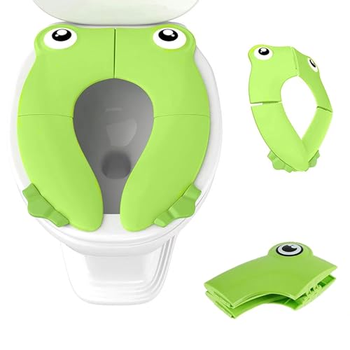 Foldable Potty Toilet Training Seat, Portable Potty Travel Toddler Toilet Seat Pads for Baby Kids with Non-Slip Silicone Pads, with Carry Bag, Green Frog
