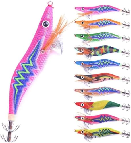 Fiegcit 10個セット エギ イカ釣り ルアー イカメタル エギセット 2.5/3.0/3.5号 ルアー エギング 強夜光エギ 釣り道具 エビ 海 夜 釣具 釣り具 餌木 ルアーセット タコ 船 強アピール ルアー 夜光 (11.5CM-14.2G