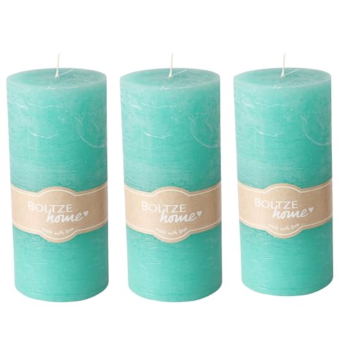 3 Piece Pillar Candle Set, Pale Aqua Blue, 68 Hours Burn Time, Marbled, 6.75 Inches Tall