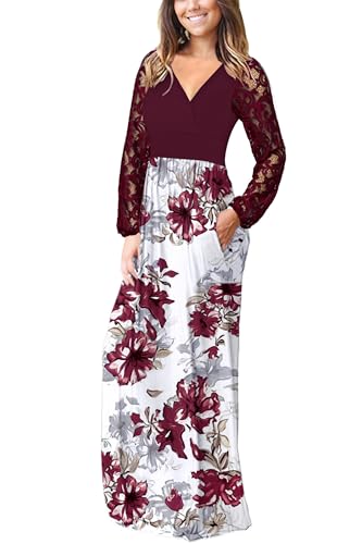 Image of AUSELILY Womens Lace Long Sleeve Maxi Dress V Neck Wrap Waist with Pockets | Lace sleeves, cross-wrap neck flatters, hidden pockets, floor-length maxi for year-round