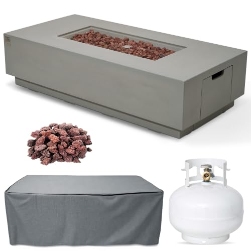 Image of AMS 66 inch Rectangular Concrete Propane Gas Fire Pit Table only (Light Gray) | (Carlsbad) GFRC, 65000 BTU Patio Table with Tank Storage, Repair Kit, Water Resistant Canvas Cover & Electronic Ignition