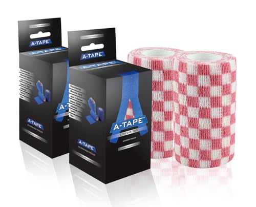 Image of A-Tape Breathable Self Adhesive Cohesive Bandage for Humans & Pets (Dogs, Cats, Birds) -Sports, Wrap, Athletic, Non Woven First Aid Medical, Wrist, Swelling (10 cm X 4.5 mtr) (Pack Of 2, Red Check)