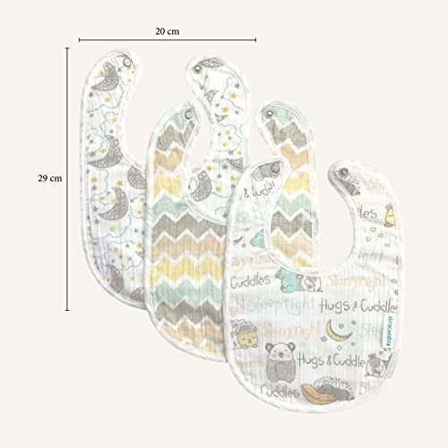Image of abracadabra Muslin Bibs with Adjustable Snap Button Closure, Super Absorbent, Soft, Comfortable & Lightweight, Set of 3 - Sleepy Friends