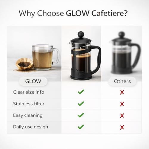 Image of GLOW Classic Continental 350ml Black Cafetiere - Premium Manual 1 Cup French Press Coffee Maker with Toughened Shockproof Glass Pot and Plunger Filter for Ground Beans Espresso Tea