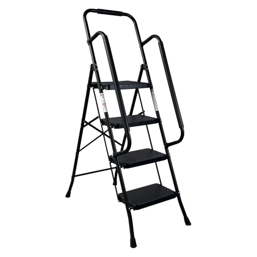 Image of 4 Step Ladder with Handrails, Folding Step Stool with Wide Anti-Slip Pedal, 300 lbs Capacity Sturdy Steel Ladder, Ladder for Home, Garden, Painting, Outdoor, and Garage, Black