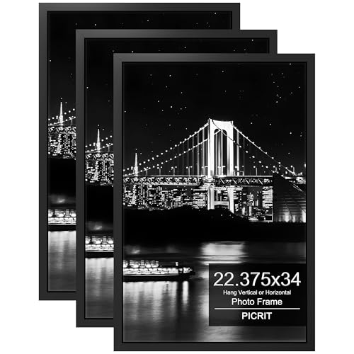 Picrit 22.375x34 Picture Frame 3 Pack, Black Poster Frame, Display Poster 18 x 24 with Mat or 22.375 x 34 without Mat for Horizontal or Vertical Wall Mounting