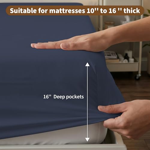Image of HBHLFZ Twin Fitted Sheet Only, Soft Breathable Bottom Sheet - 39 inchx75 inch Deep Pockets Twin Size Fitted Sheet - All Around Stretch Fit, Wrinkle Resistant, Colorfast - Easy Care, Navy