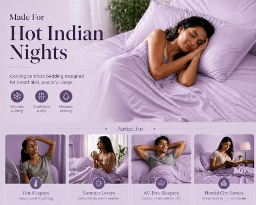 Image of Noare Bamboo Bedsheet Set King Size - Cooling & Breathable Fitted Bedsheet with 2 Pillow Covers for Double Bed | Ultra Soft and Buttery | Lilac