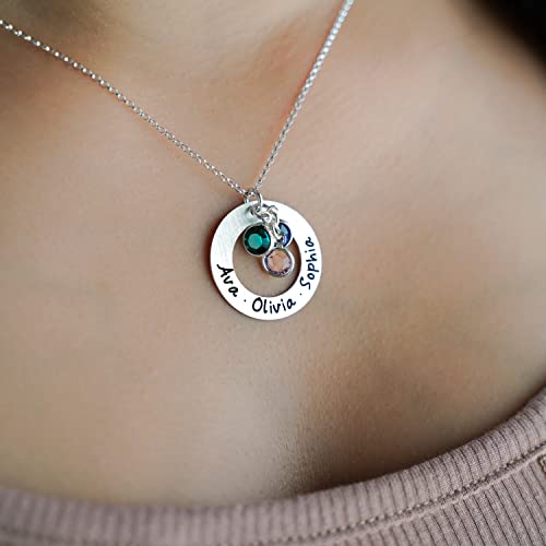 AJ`s Collection Sterling Silver Round Washer Personalized Pendant Necklace - Engraved with up to Three Names and Selected Birthstones3